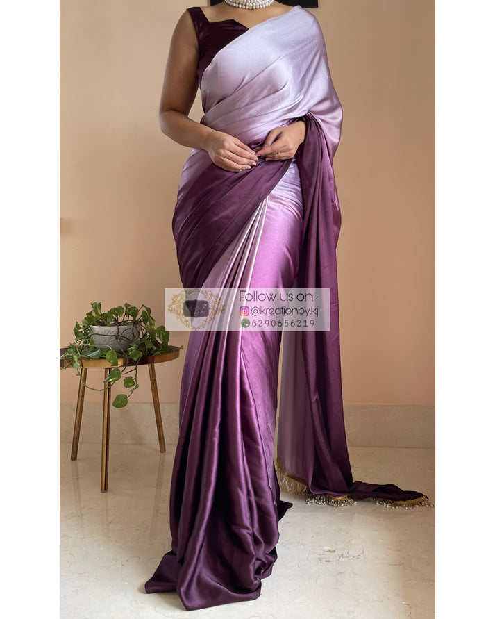 Black Currant Ombré Crepe Silk Saree with Handmade Tassels on Pallu