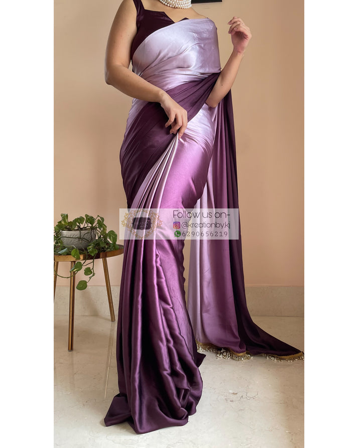 Black Currant Ombré Crepe Silk Saree with Handmade Tassels on Pallu