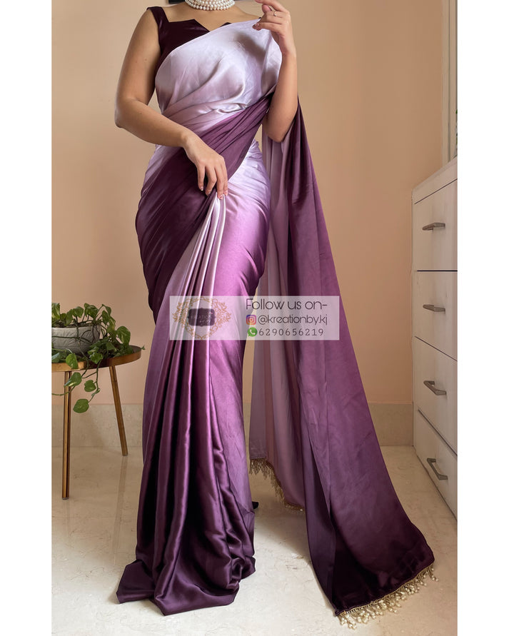 Black Currant Ombré Crepe Silk Saree with Handmade Tassels on Pallu