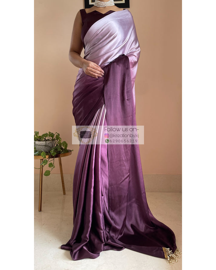 Black Currant Ombré Crepe Silk Saree with Handmade Tassels on Pallu