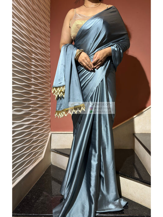 Slate Grey Satin Silk Saree with Handmade Tassels on Pallu