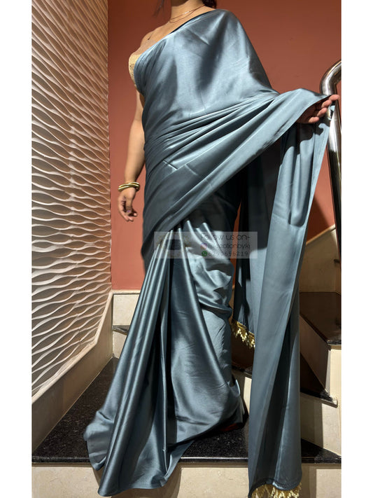 Slate Grey Satin Silk Saree with Handmade Tassels on Pallu