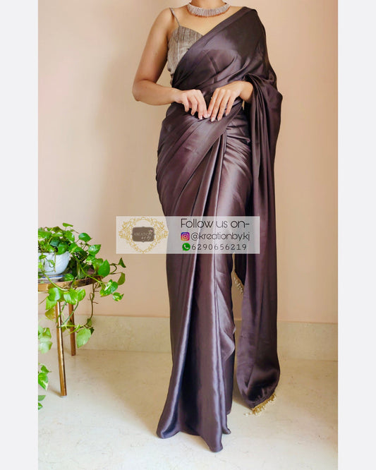 Chocolate Brown Satin Silk Saree With Handmade Tassels On Pallu